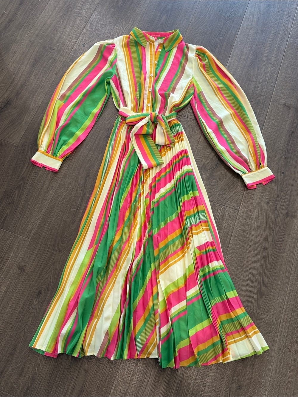Flying Tomato Rainbow Stripe Pleated Maxi Dress Long Puff Sleeve Tie Waist Small - Picture 5 of 11